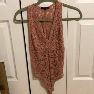 Pink V-neck floral lace body suit